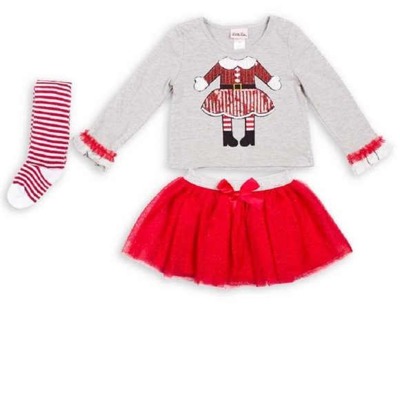 Little Lass Girls 3pc Christmas Outfit Sequin Top Skirt & Tights 2T 4T 4 5 6 NWT